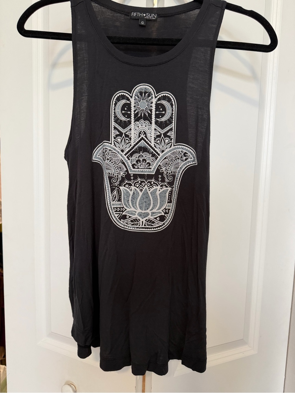 Fifth Sun Black Tank Top with White Hamsa & Lotus Graphic